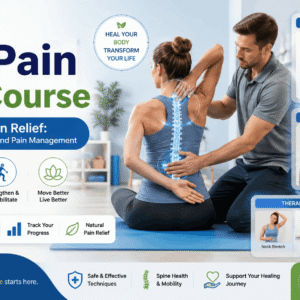 Professional back neck pain relief course banner showing posture correction, spine health, and therapeutic exercise concepts