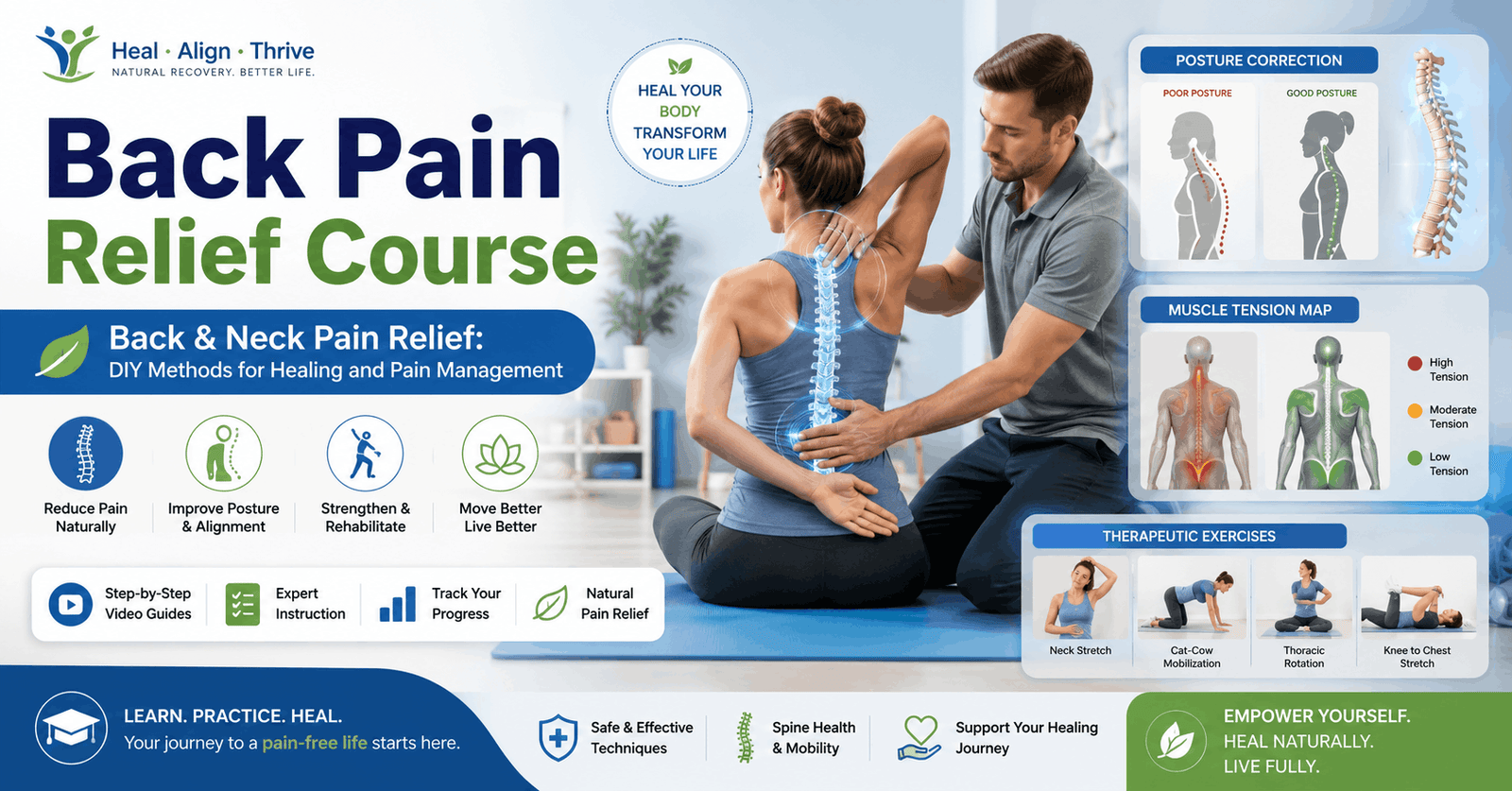 Professional back neck pain relief course banner showing posture correction, spine health, and therapeutic exercise concepts