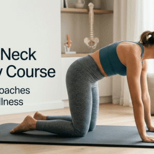 Adult performing a gentle stretching exercise at home as part of a Back Pain Relief Course for back and neck care