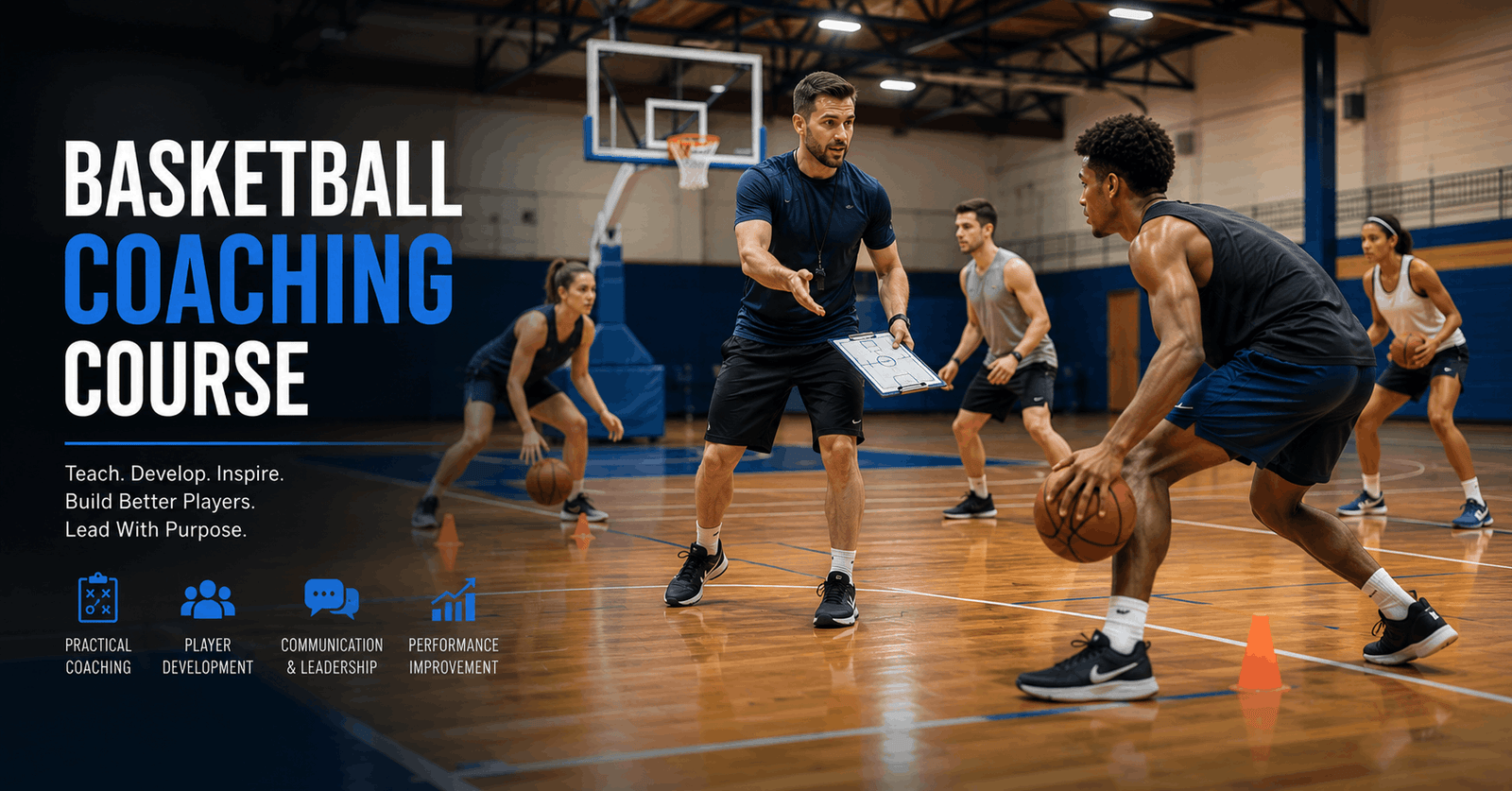 Basketball Coaching Course instructor guiding players through a practical skills training session on an indoor court
