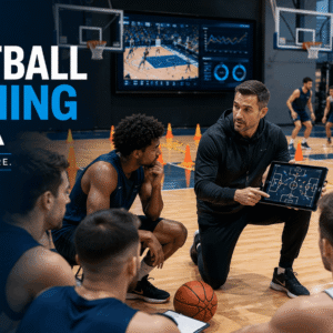 Basketball Coaching Diploma instructor leading advanced tactical training with players on an indoor basketball court