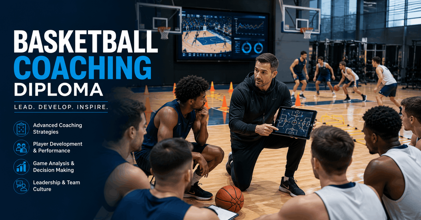 Basketball Coaching Diploma instructor leading advanced tactical training with players on an indoor basketball court