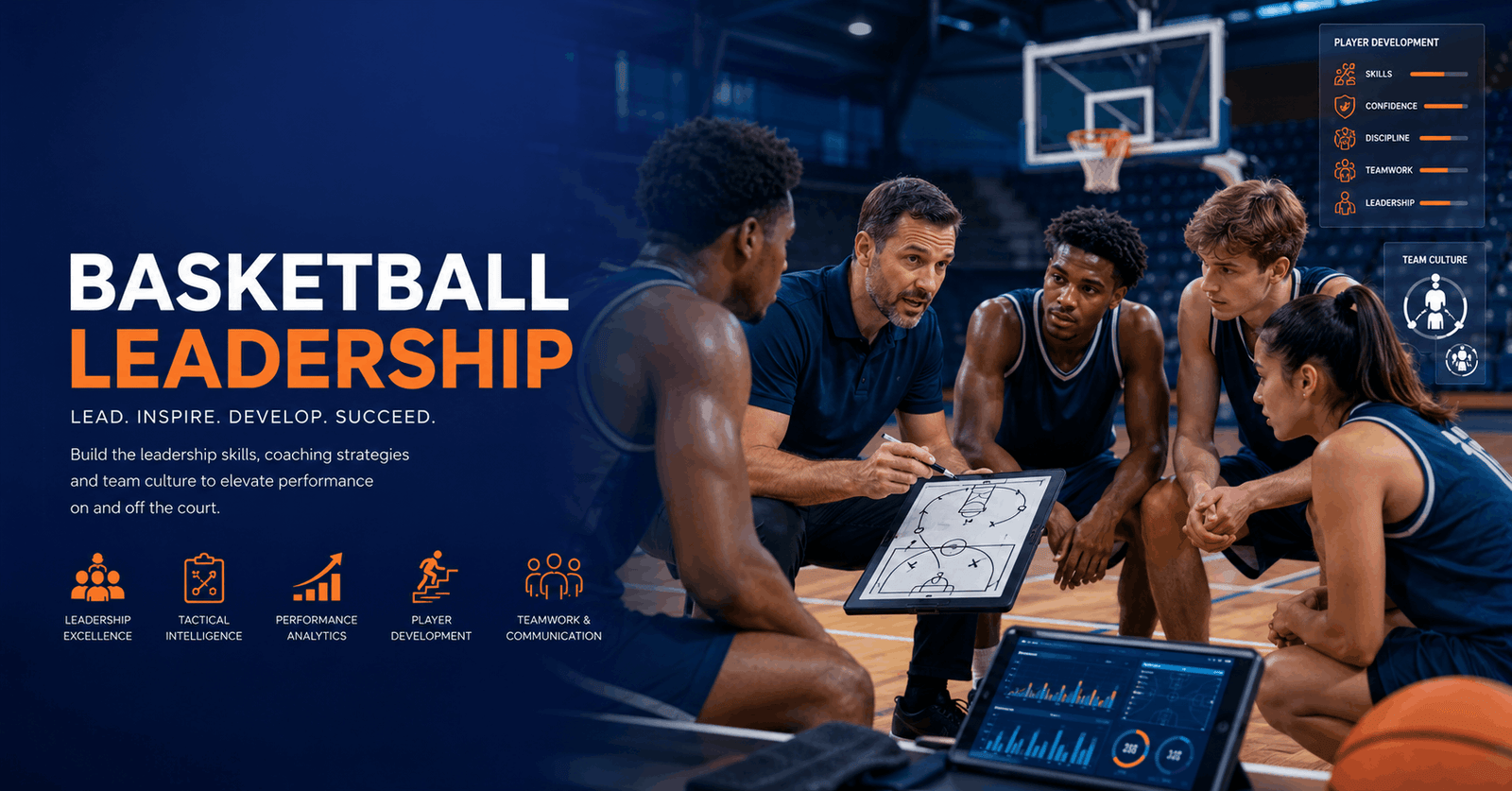 Basketball leadership coach mentoring players during a team strategy session on an indoor basketball court.
