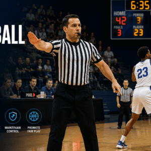 Basketball Referee Course official making a foul signal during a competitive indoor basketball match