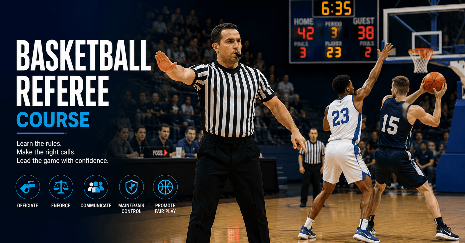 Basketball Referee Course official making a foul signal during a competitive indoor basketball match