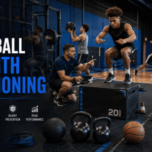 Basketball Strength Conditioning coach leading athletes through power and agility training in a modern performance gym