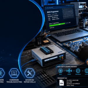 BIOS Programming Course showing motherboard repair and BIOS chip flashing process