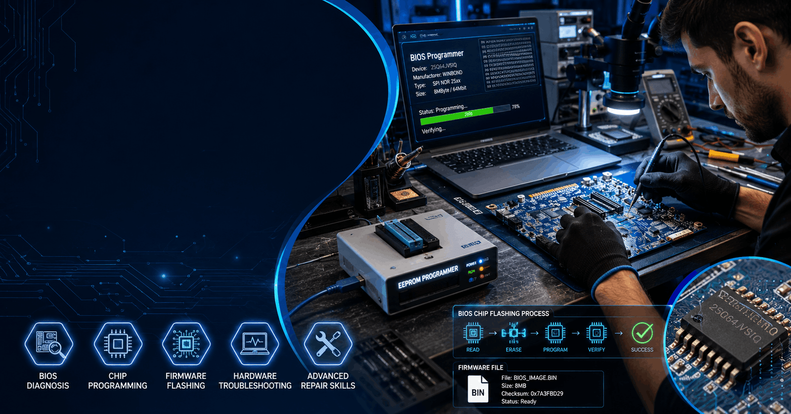 BIOS Programming Course showing motherboard repair and BIOS chip flashing process