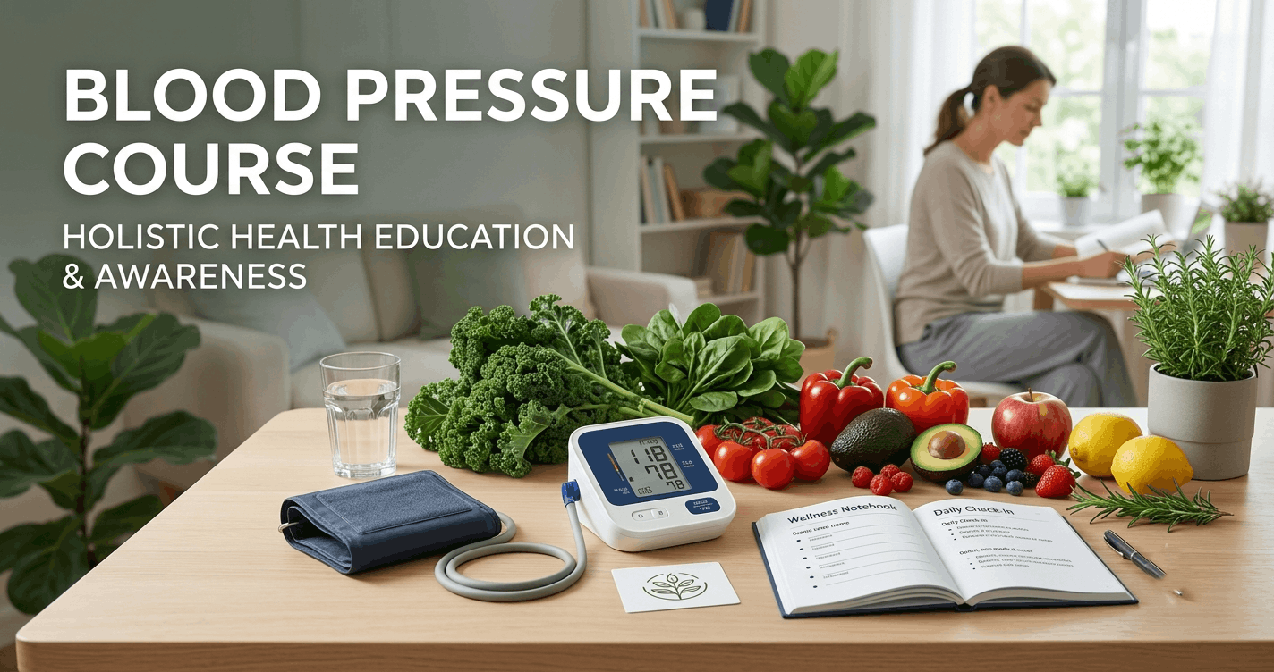 Blood pressure monitor with healthy foods and herbs representing a Blood Pressure Course and holistic health learning