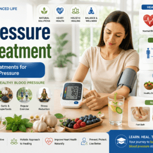 Professional blood pressure treatment course banner showing heart health, lifestyle care, and natural remedy concepts