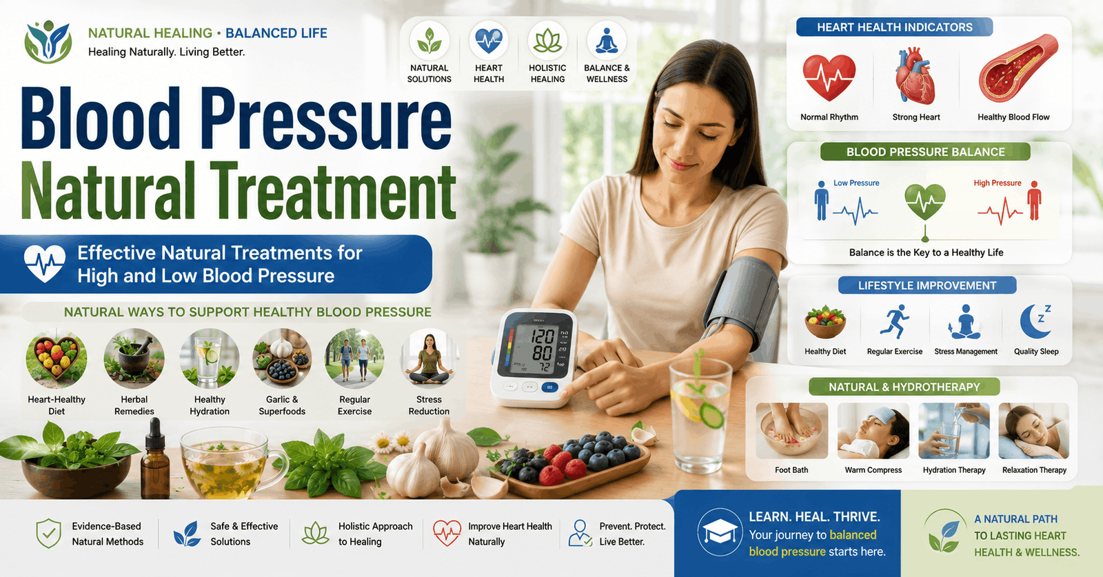 Professional blood pressure treatment course banner showing heart health, lifestyle care, and natural remedy concepts