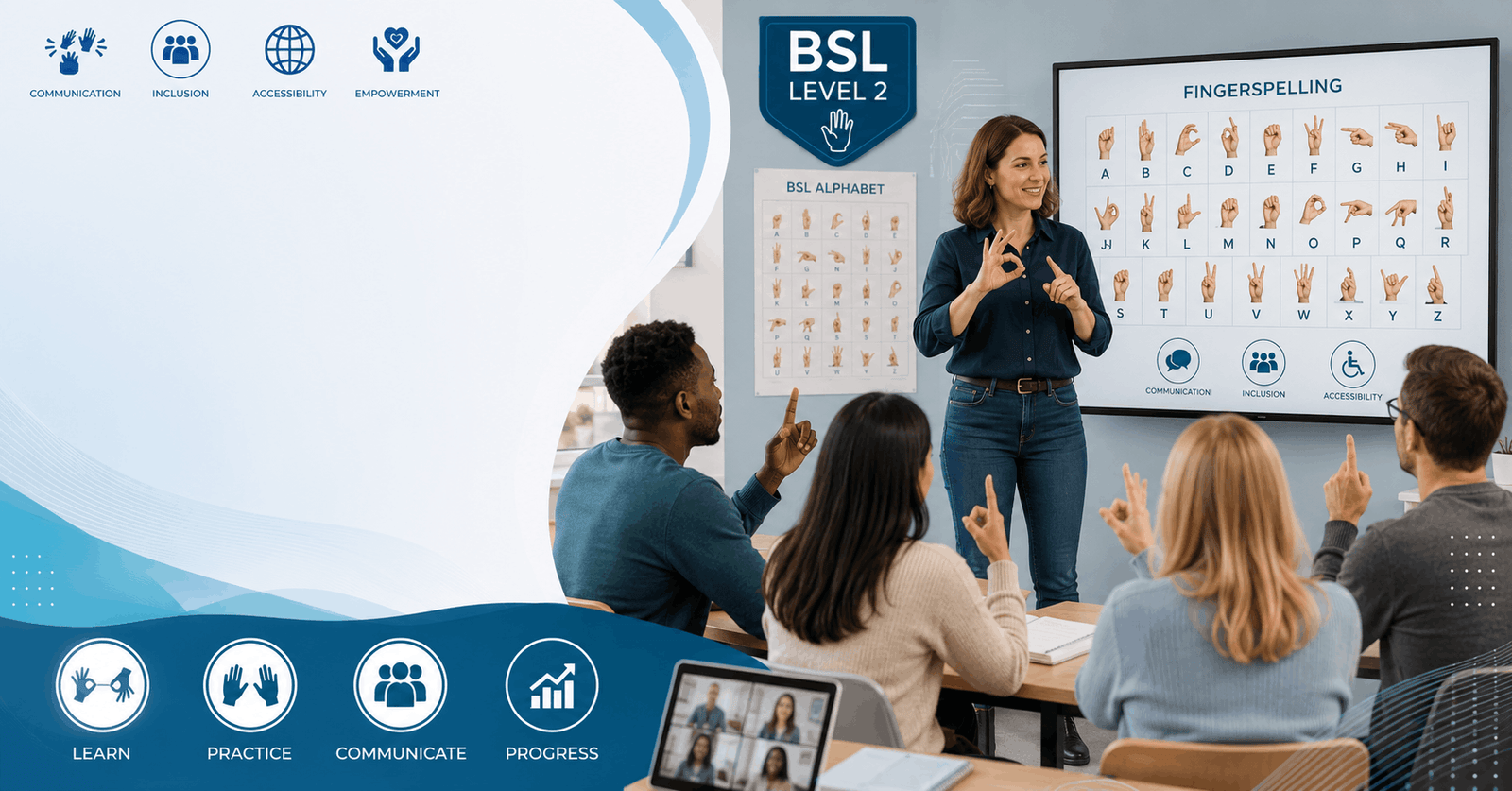 BSL Level 2 course teaching intermediate sign language communication and practical signing skills