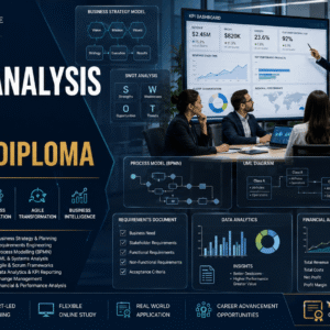 Professional business analysis course banner showing data charts, stakeholder meetings, Agile boards and strategy planning