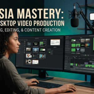 Camtasia video editing workspace with timeline, screen recording, audio tracks, visual effects and video preview