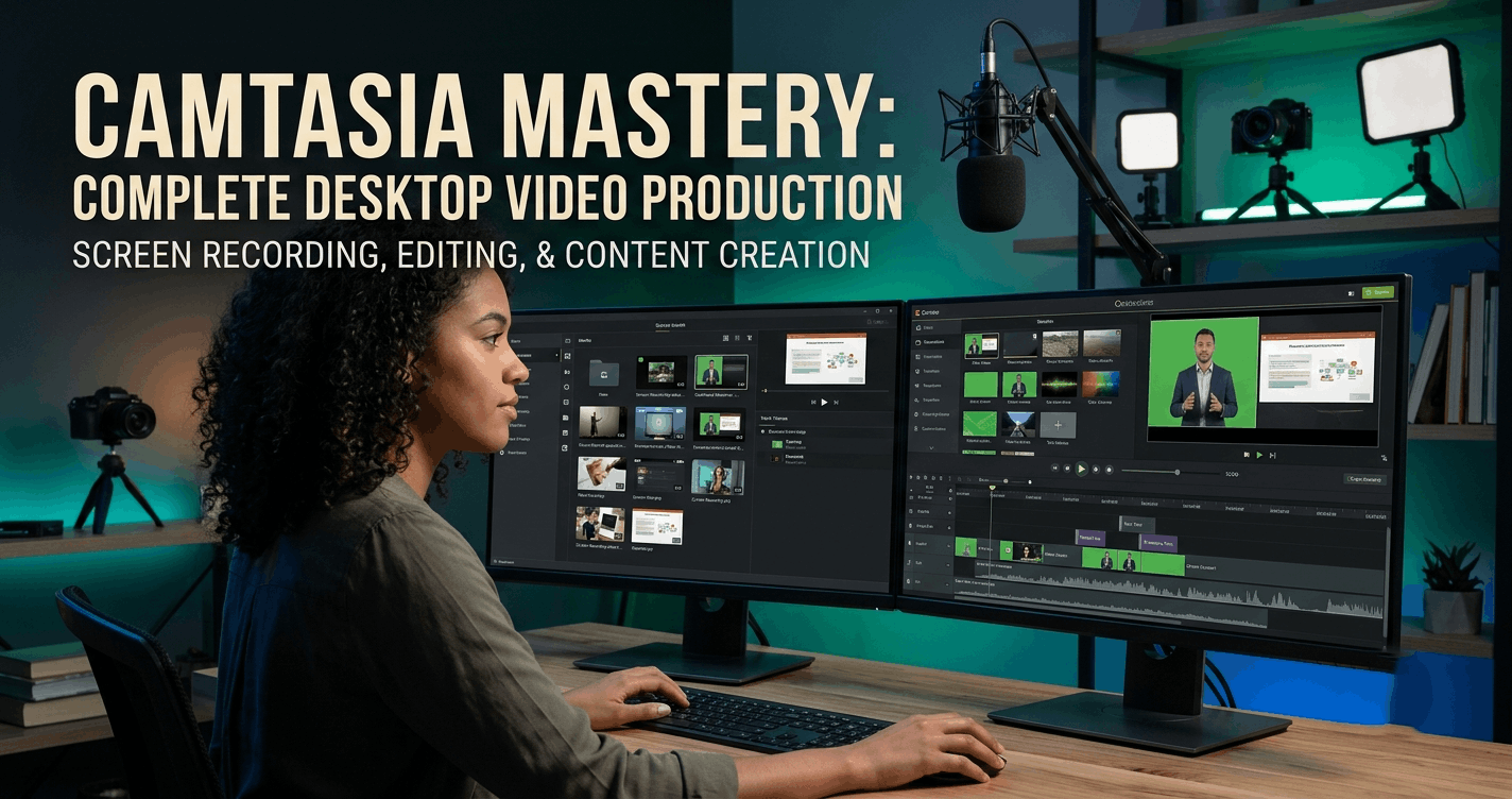 Camtasia video editing workspace with timeline, screen recording, audio tracks, visual effects and video preview