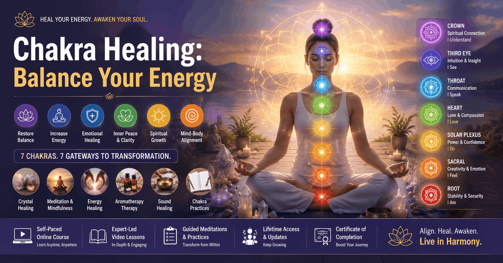 Chakra Healing Course showing energy centers, meditation, spiritual healing, and chakra balancing techniques
