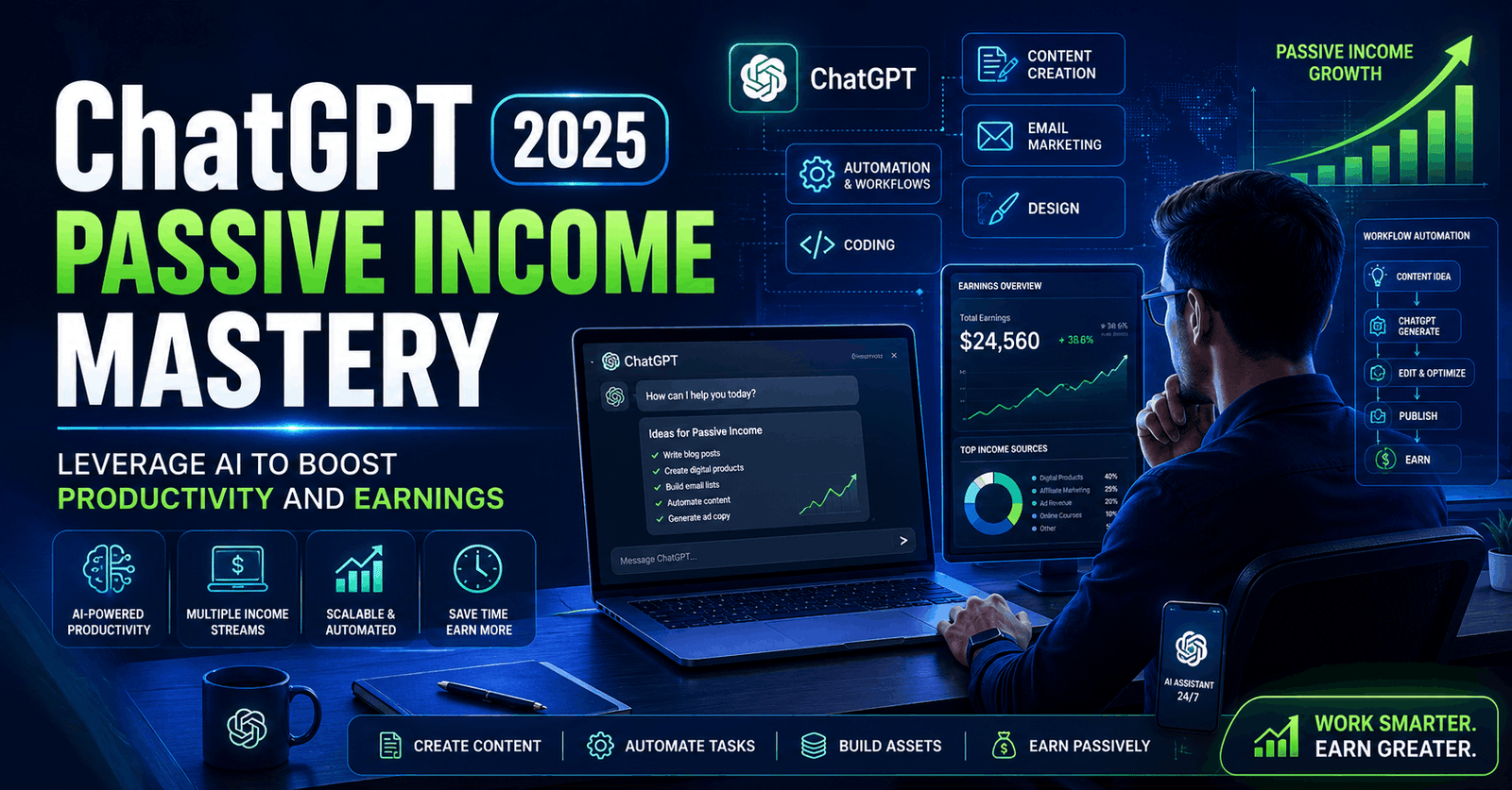 Professional banner for ChatGPT Passive Income course showing AI-powered productivity and digital income strategies