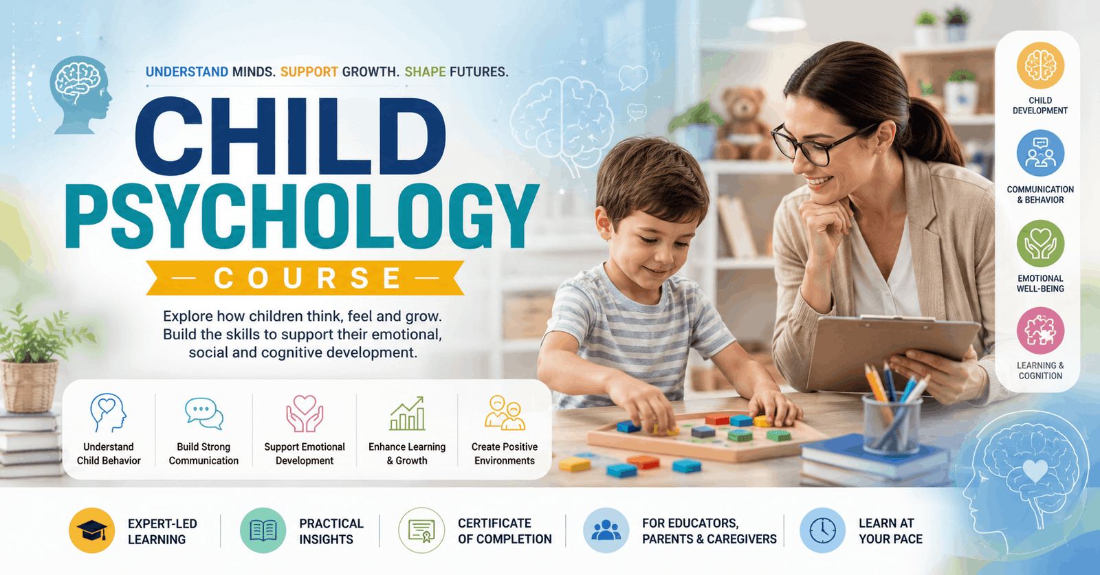Child Psychology Course banner showing child development, learning, emotional growth, and educational psychology visuals