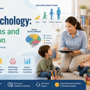 Child Psychology Course showing child development, learning, emotions, and parent-child interaction in a modern educational setting