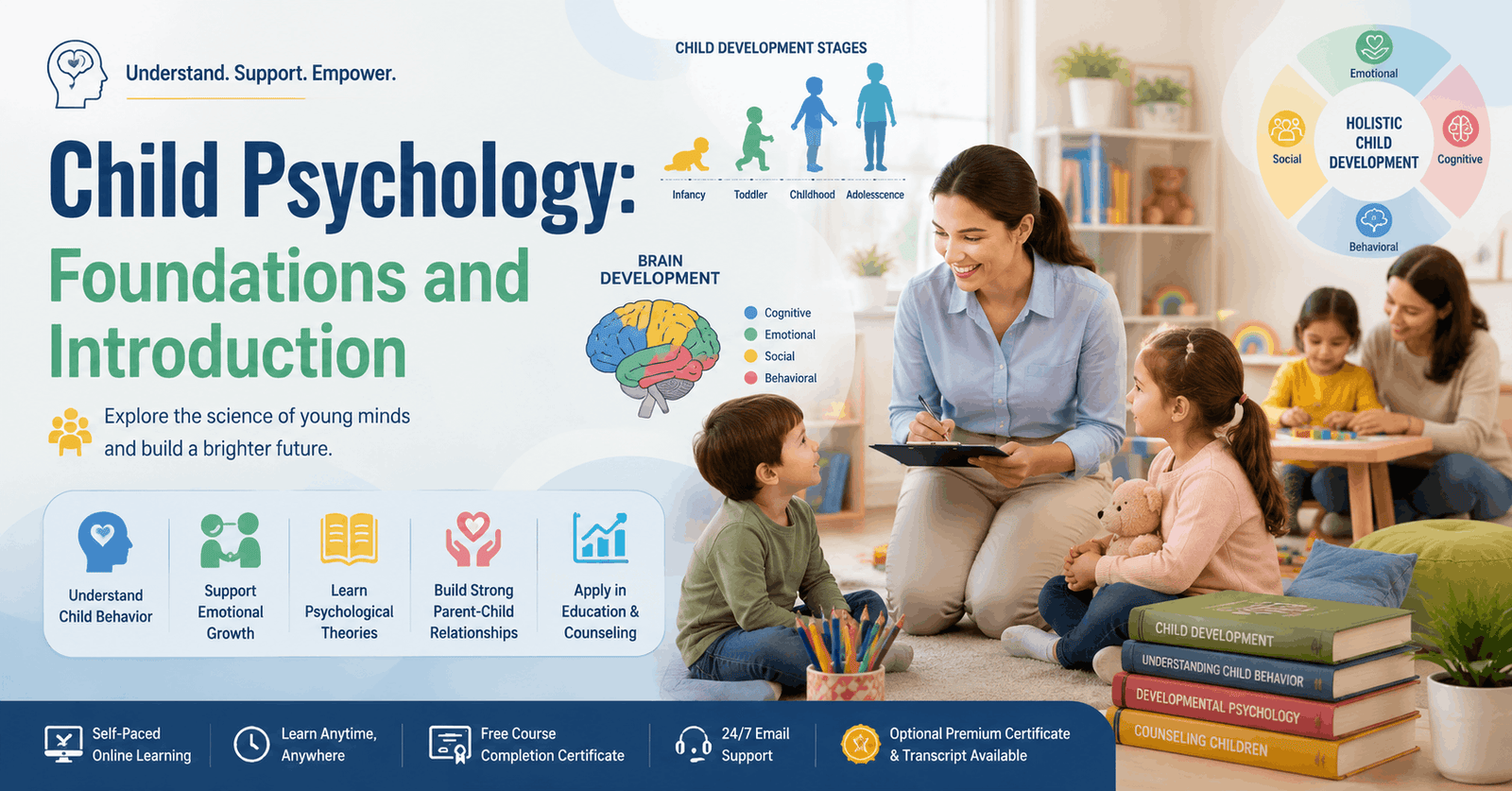 Child Psychology Course showing child development, learning, emotions, and parent-child interaction in a modern educational setting
