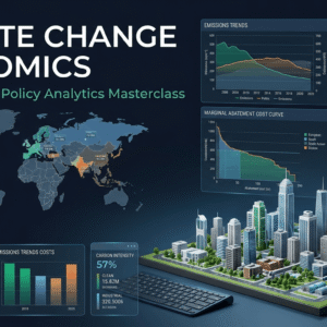 Climate Change Economics image showing emissions data, renewable energy, policy analytics and environmental charts.