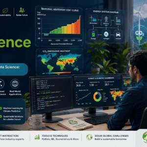 Professional climate data science course banner showing emissions charts, energy data, and Python analysis dashboards