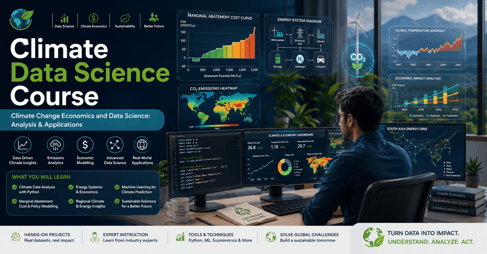 Professional climate data science course banner showing emissions charts, energy data, and Python analysis dashboards