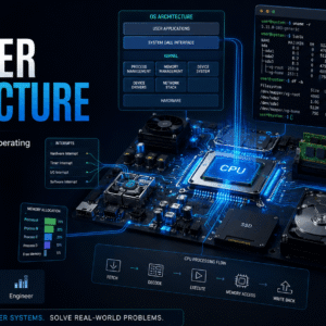 Computer architecture diagram showing CPU, memory, operating system, Linux terminal, storage and network connections
