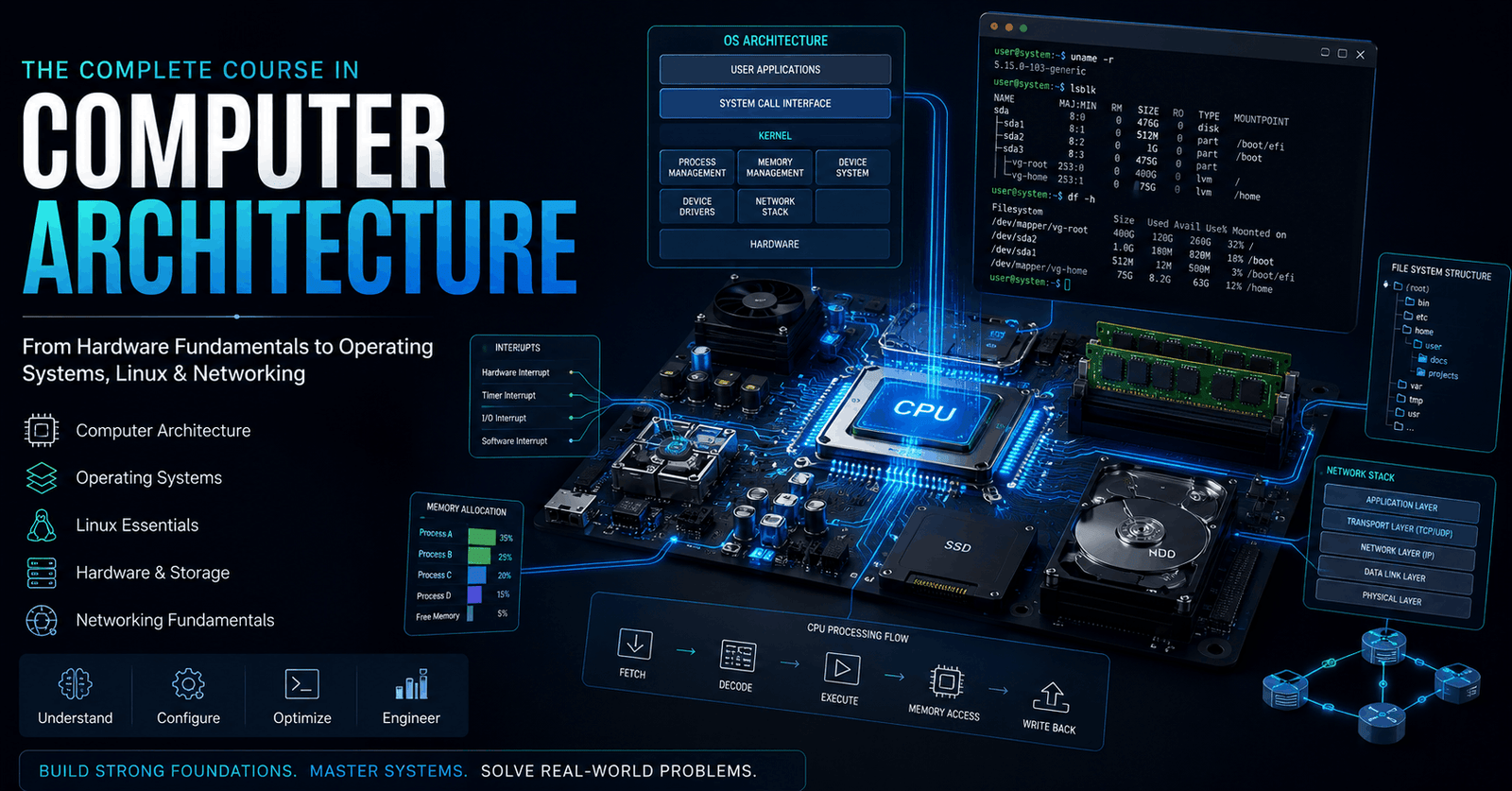 Computer architecture diagram showing CPU, memory, operating system, Linux terminal, storage and network connections