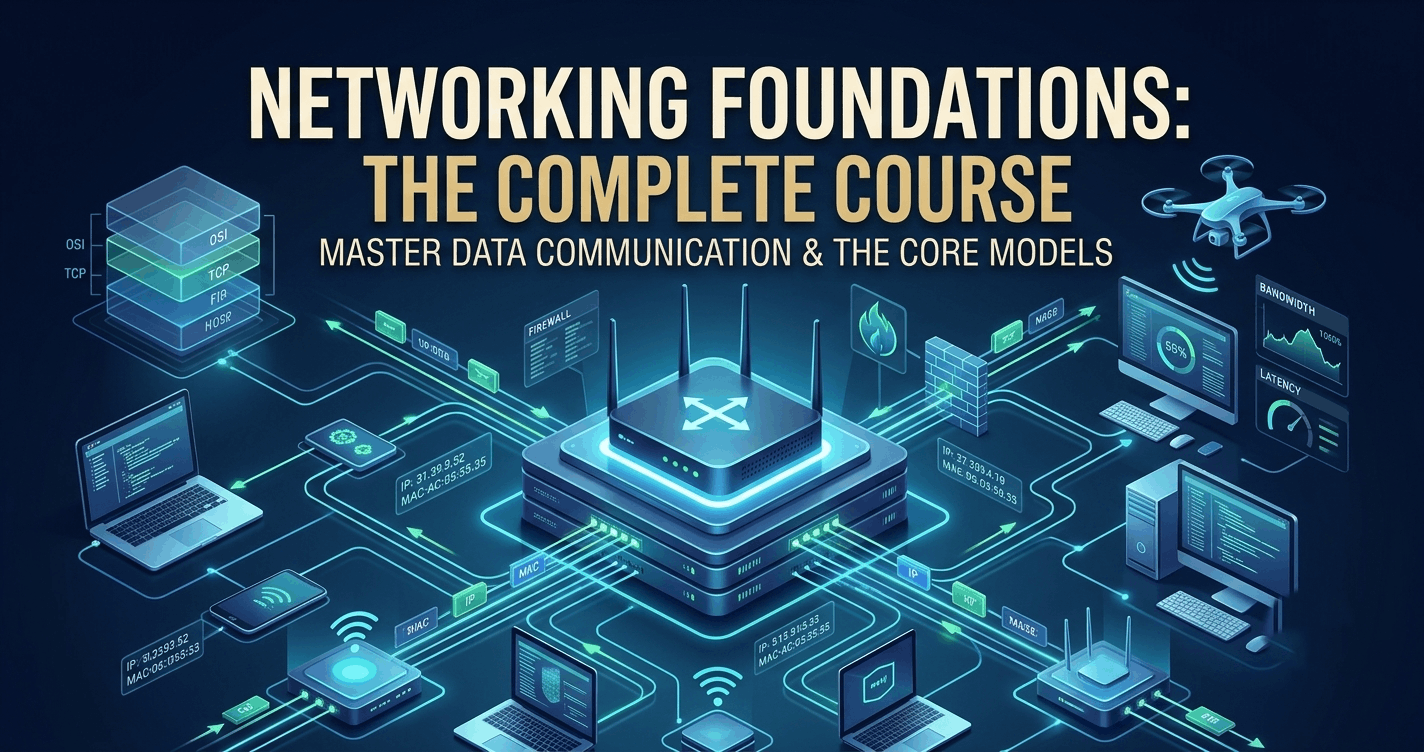 Computer networking diagram with routers, switches, connected devices, data packets, IP addressing and network links