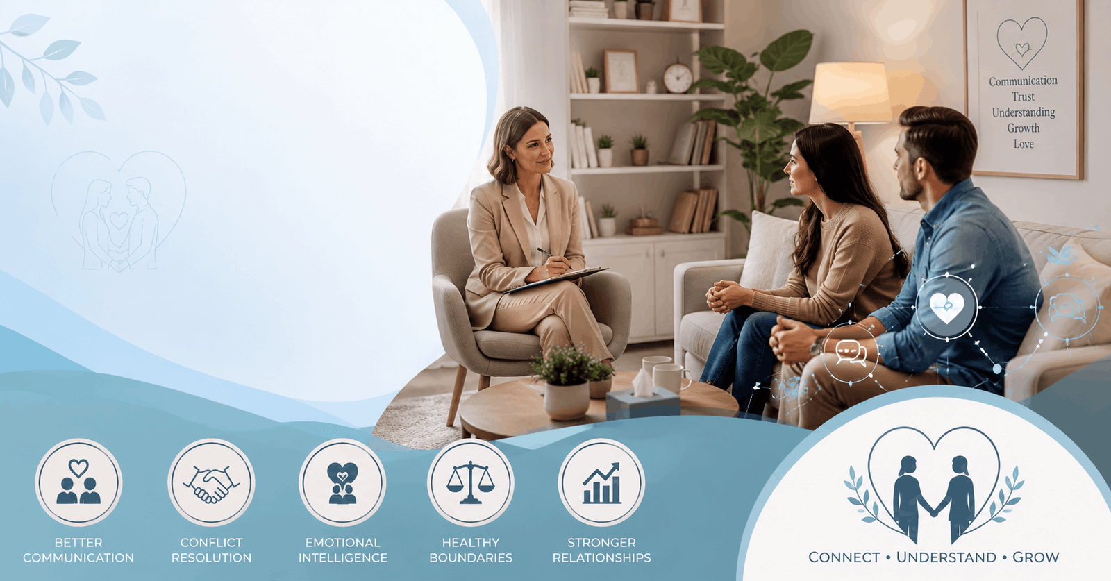 Professional couple therapy course session focused on communication, counseling, and relationship healing