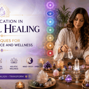 Crystal healing course session with healing crystals, chakra energy, and peaceful wellness environment