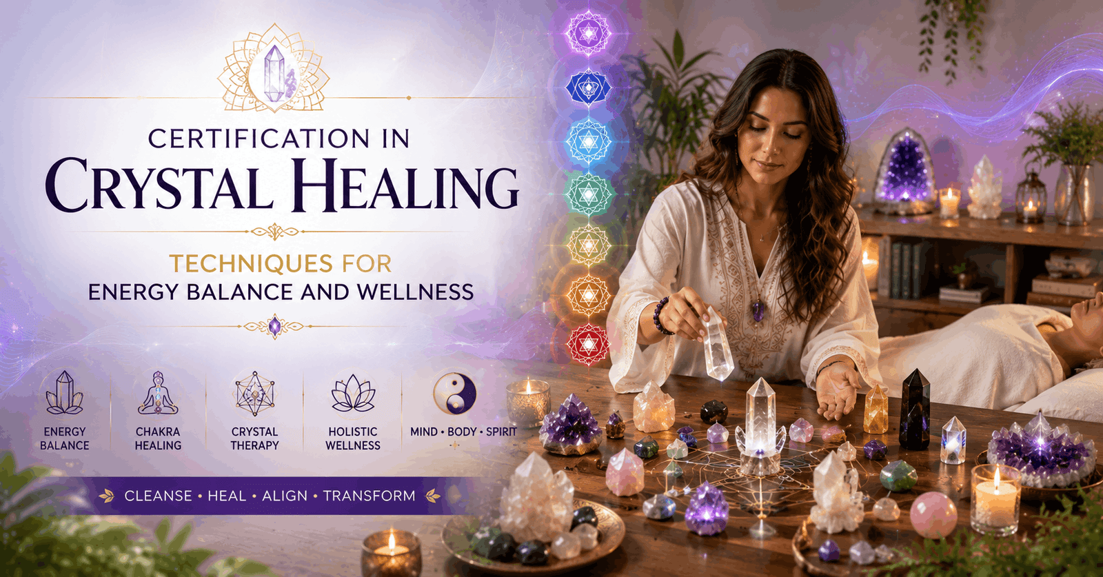 Crystal healing course session with healing crystals, chakra energy, and peaceful wellness environment