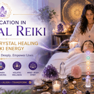 Crystal reiki course healing session with crystals, Reiki energy, and chakra balancing environment