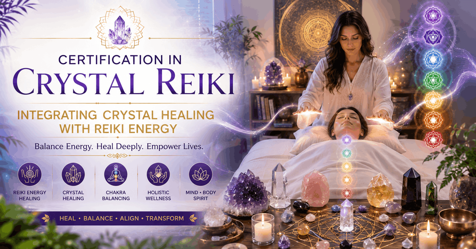 Crystal reiki course healing session with crystals, Reiki energy, and chakra balancing environment