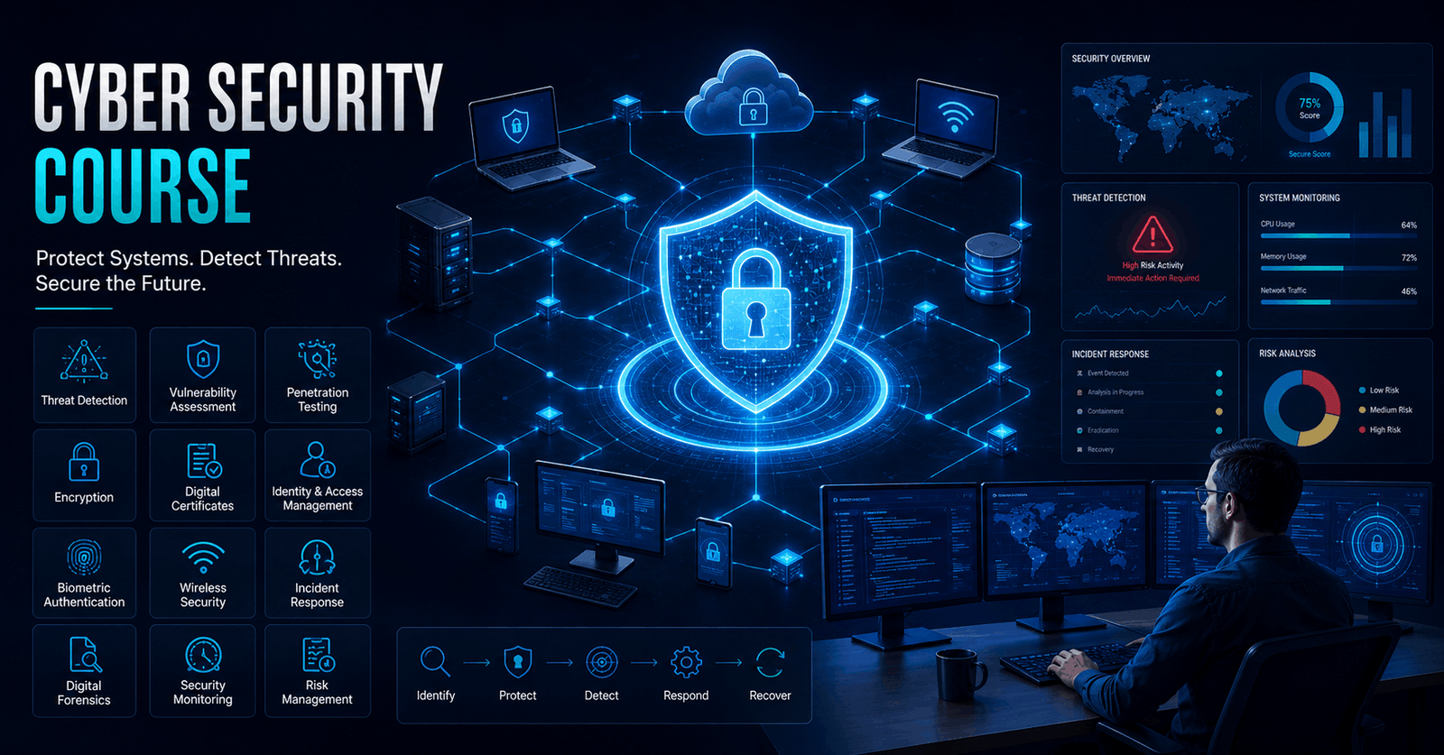 Cyber Security Course visual showing network protection, digital threats, encryption, access control and incident response