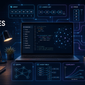 Data Structures Course showing arrays, linked lists, stacks, queues, trees, graphs, heaps and hashing concepts.