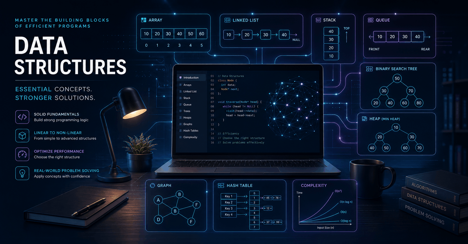 Data Structures Course showing arrays, linked lists, stacks, queues, trees, graphs, heaps and hashing concepts.