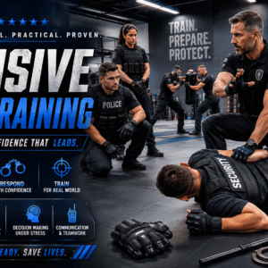 Security professionals performing defensive tactics training with control techniques in a realistic tactical environment