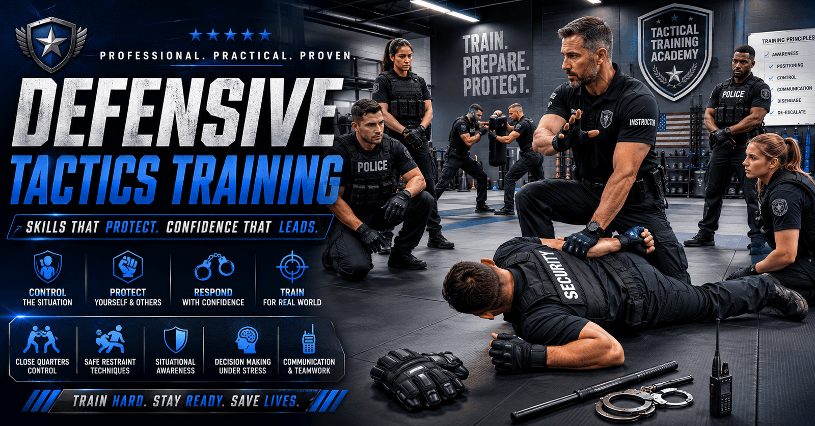 Security professionals performing defensive tactics training with control techniques in a realistic tactical environment