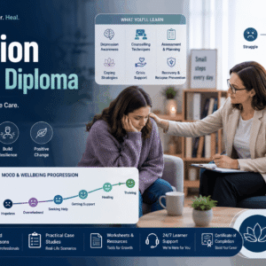 Depression Counselling Course showing therapist supporting client with mental health counselling and therapeutic care visuals