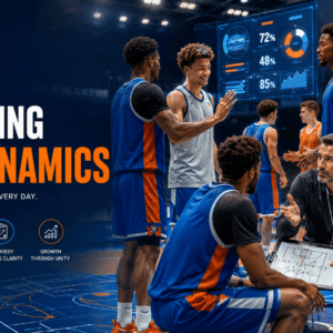 Basketball players and coach practising developing team dynamics through communication, leadership and teamwork.