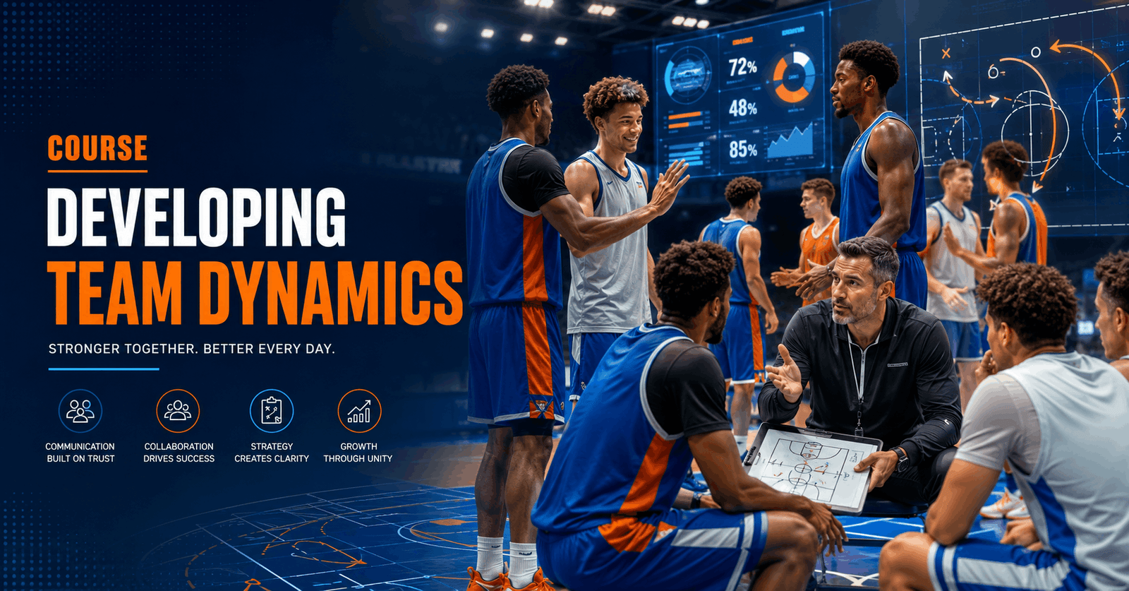 Basketball players and coach practising developing team dynamics through communication, leadership and teamwork.