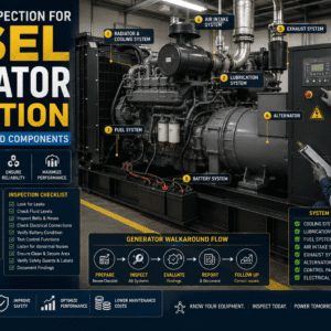 Engineer performing diesel generator inspection on cooling electrical and mechanical systems in industrial environment