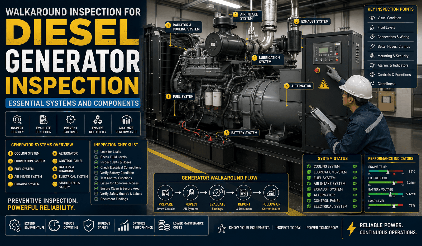 Engineer performing diesel generator inspection on cooling electrical and mechanical systems in industrial environment