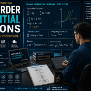 Student learning differential equations course with mathematical formulas graphs and equation-solving methods