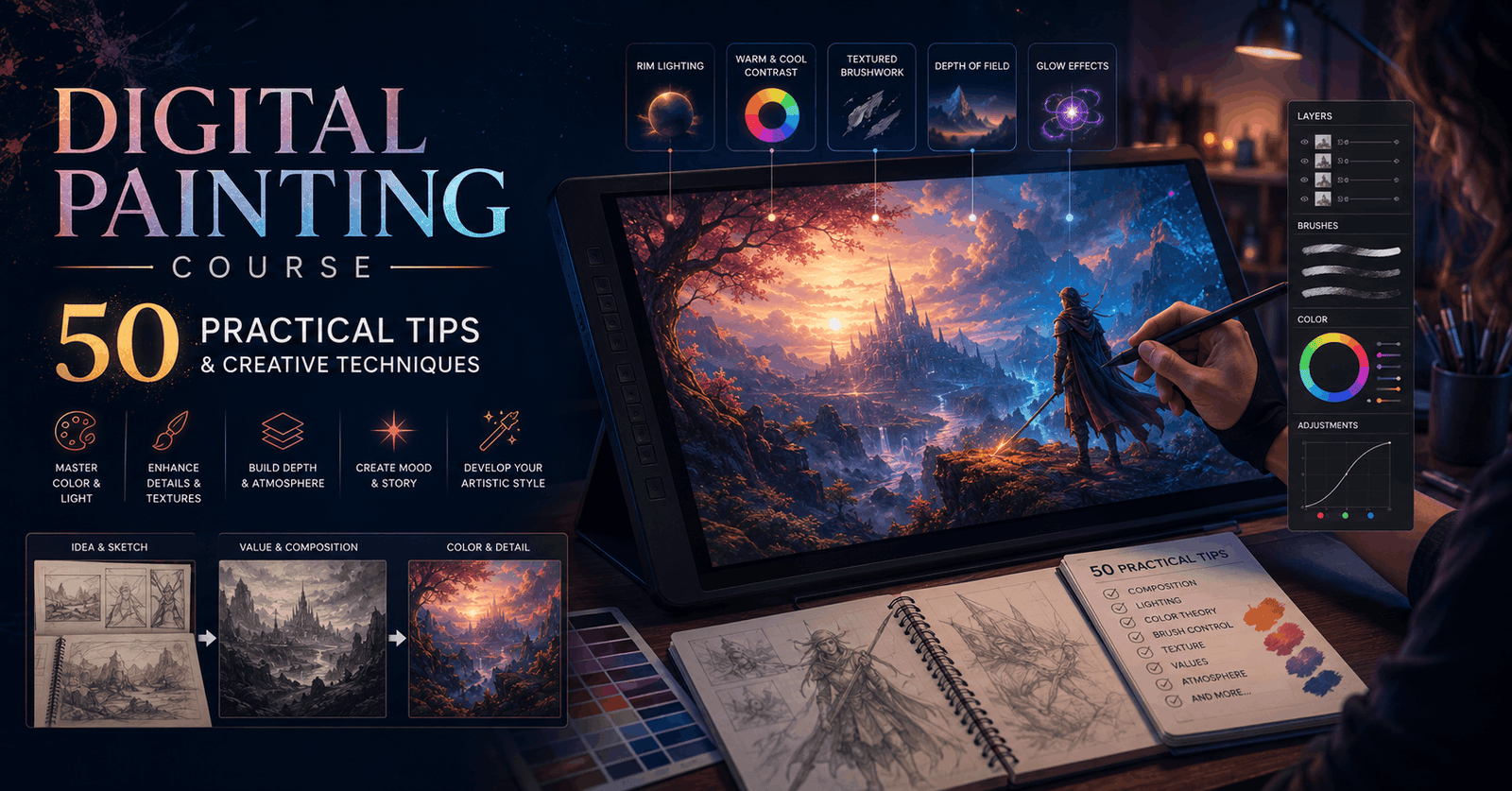 Digital Painting Course scene with a drawing tablet, stylus, colourful artwork, brushes, lighting and texture effects.