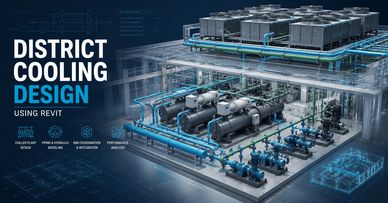 District Cooling Design in Revit showing HVAC chillers, pumps, cooling towers and connected piping systems.