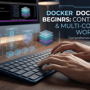 Docker Course image showing containerised applications, terminal commands, images and multi-container service architecture.