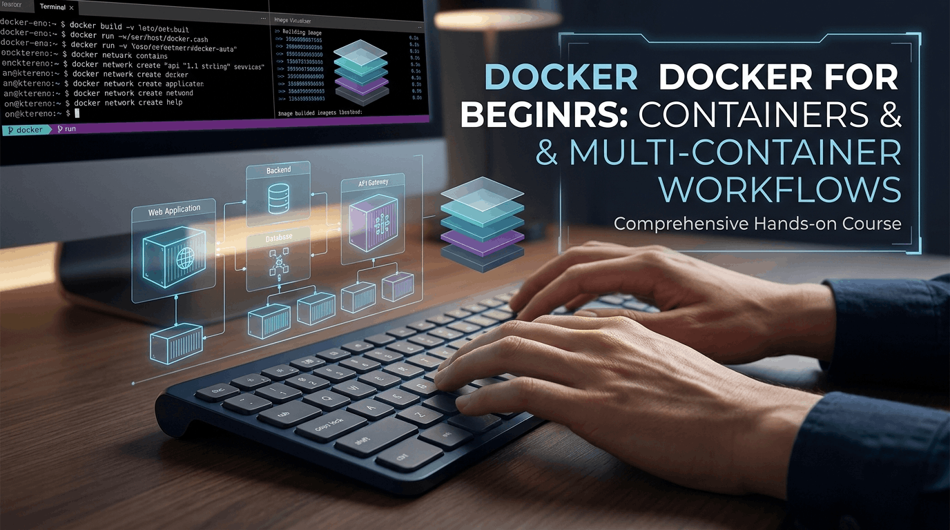 Docker Course image showing containerised applications, terminal commands, images and multi-container service architecture.